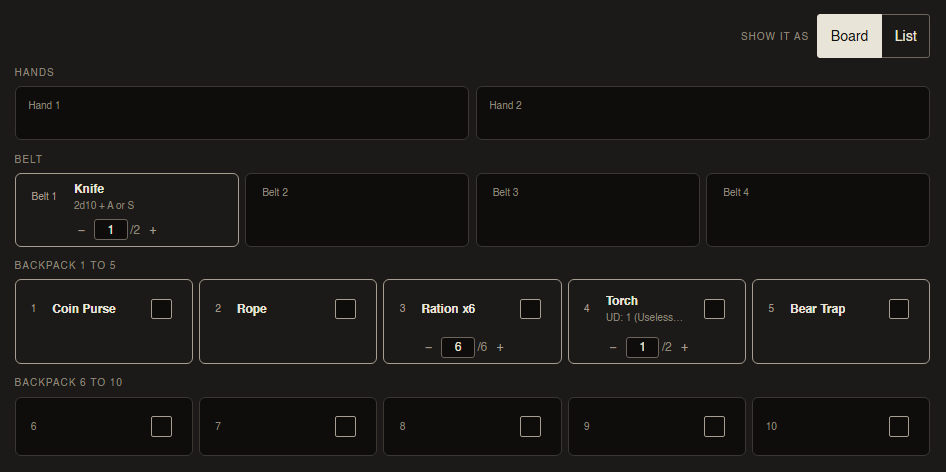 The item tracker drawn as a board: two hand slots, four belt slots with a Knife in the first, and ten backpack slots holding a Coin Purse, a Rope, six Rations, a Torch and a Bear Trap, each stackable card carrying a minus, a number and a plus