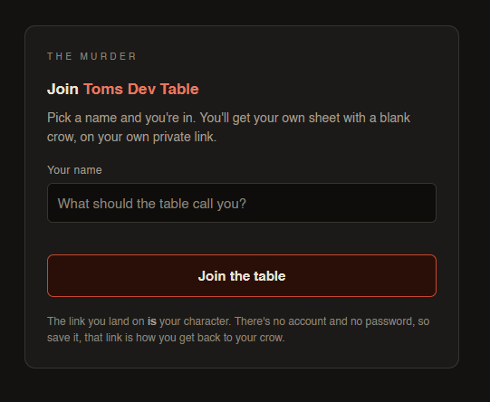 The join page: a card headed Join, with a name field and a Join the table button