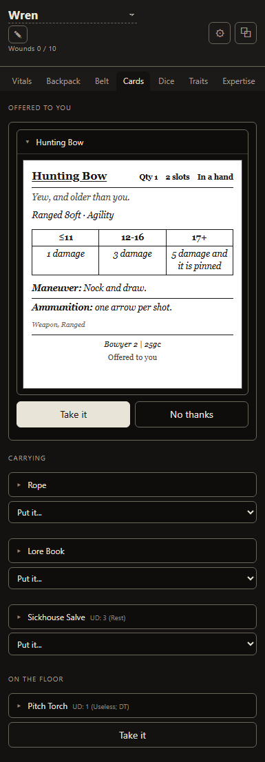 The Owlbear panel with a Cards tab open: a Hunting Bow offered, drawn as a full card with its damage tiers, above Accept and Decline buttons, then the cards the crow is carrying and one lying on the floor
