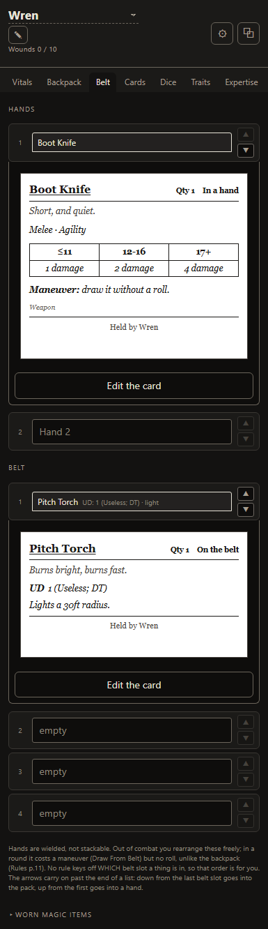 The Owlbear panel's Belt tab: a Boot Knife in the first hand slot opened to its full card with damage tiers and an Edit the card button, a Pitch Torch on the belt below it, and the remaining slots as empty text boxes