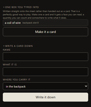 The Owlbear panel's Cards tab with two folds open at the foot: a box the crow typed into, offered with a Make it a card button, and a Write a card down form with Name, What it is and Where you carry it