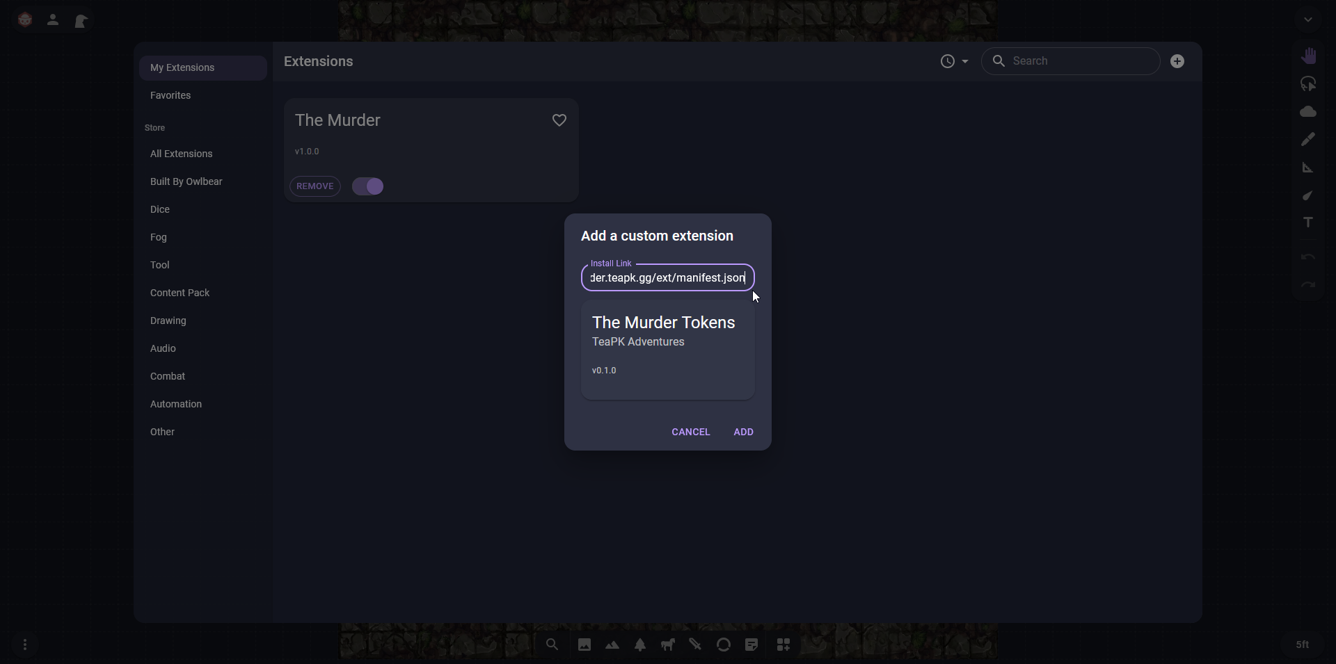 Owlbear's Add a custom extension dialog, with a manifest URL pasted into the Install Link field and a card below it reading The Murder Tokens, TeaPK Adventures