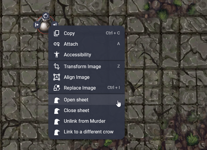 An Owlbear right-click menu on a crow token, with Open sheet, Close sheet, Unlink from Murder and Link to a different crow at the bottom